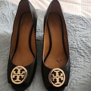 Tory Burch Black Flats with Gold Logo